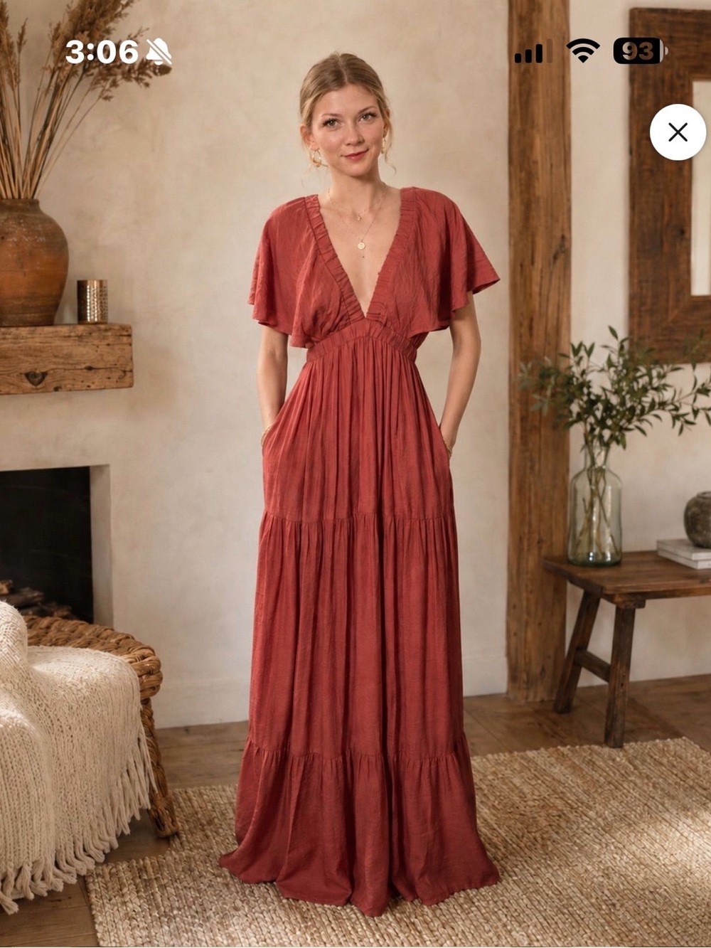Wishlist Apparel Rust Boho Western Deep V Flutter Sleeve
Tiered Maxi Dress